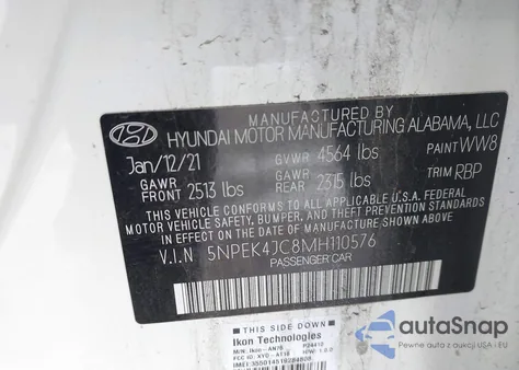 2021 Hyundai Sonata N Line z USA, uszkodzony, nr VIN 5NPEK4JC8MH110576